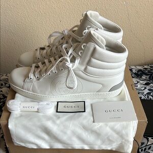Men Gucci Ace GG White Leather High-Top Sneakers